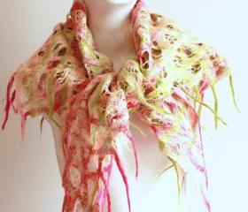  Women felted scarf cobweb felt wool silk shawl - pink green white
